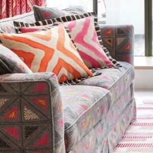 ANNIE SELKE Kit Kemp Arrows Linen Embroidered Decorative Pillow Cover Pink 26”